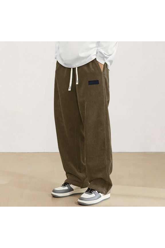 Men Textured Corduroy Loose Fit Straight Leg Pants Elastic Drawstring Waist Side Pockets Patched Detail Soft Casual Everyday Wear Long Trousers,Brown,XXL