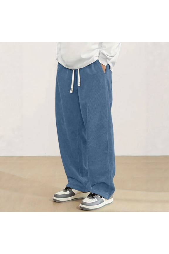 Men Textured Corduroy Wide Leg Pants Elastic Drawstring Waist Side Pockets Classic Designer Patched Detail Flowy Comfort Soft Casual Everyday Wear,Blue,M