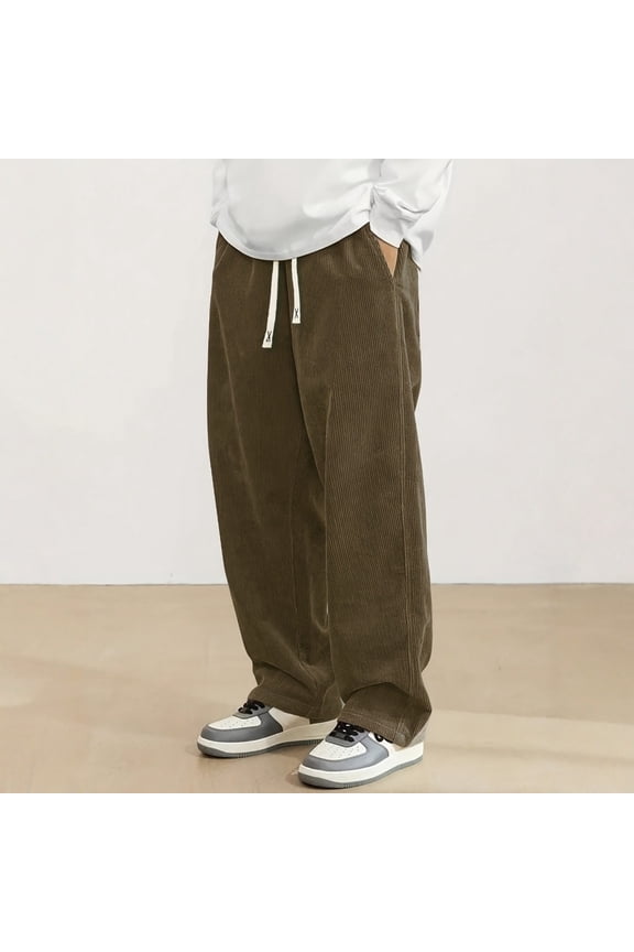 Men Textured Corduroy Wide Leg Pants Elastic Drawstring Waist Side Pockets Classic Designer Patched Detail Flowy Comfort Soft Casual Everyday Wear,Coffee,XXXL