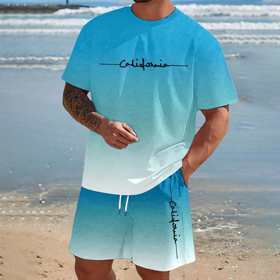 EliteGoogv Men Two Piece Set Gradient Letter Print Short Sleeve T Shirt And Shorts Outfit For Men Summer Casual Matching Set Sky Blue 2XS