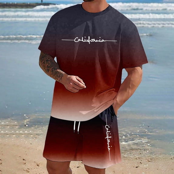 EliteGoogv Men Two Piece Set Gradient Letter Print Short Sleeve T Shirt And Shorts Outfit For Men Summer Casual Matching Set Wine 6XL