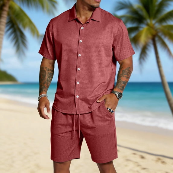 EliteGoogv Men Two Piece Set Mesh Short Sleeve Shirt And Shorts Casual Outfit For Men Summer Beach Matching Set Red 3XL