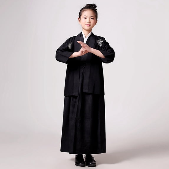 EliteGoogv Men Women Traditional Japanese Kimono Outfit Fan Embroidery Striped Robe For Role Play Performance Festival Costume,Black,150