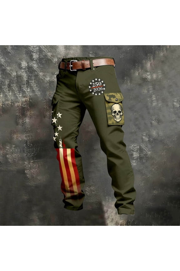Men's 250th Anniversary Cargo Pants Camouflage Skull Pocket Design American Flag Stripe Print Casual Outdoor Trousers,Army Green,L