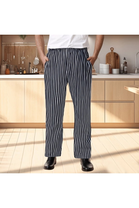 Men's Chef Work Pants Loose Fit Striped Print Comfortable Elastic Waist Kitchen Restaurant Uniform Casual Trousers Casual Pants Summer Fall Dailywear,Blue,L