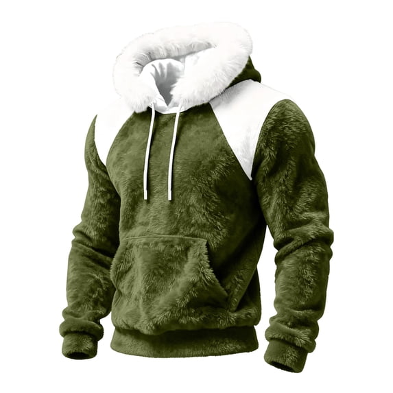 EliteGoogv Men's Color Block Fleece Hoodie Faux Fur Collar Pullover Sweatshirt Drawstring Kangaroo Pocket Long Sleeve Cozy Loose Fit Winter Top,M
