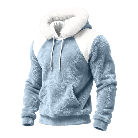 EliteGoogv Men's Color Block Fleece Hoodie Faux Fur Collar Pullover Sweatshirt Drawstring Kangaroo Pocket Long Sleeve Cozy Loose Fit Winter Top,M