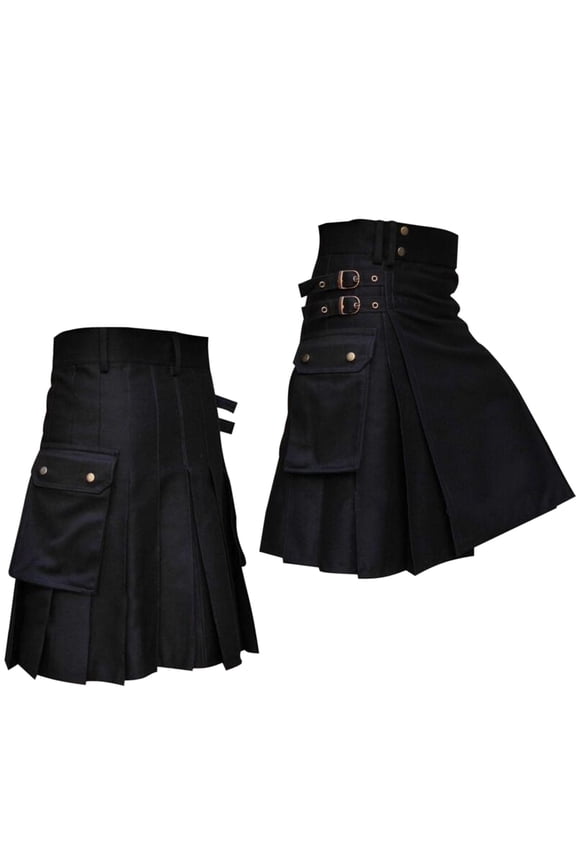 Men's Fashion Casual Scottish Style Solid Color Pocket Pleated Skirt Traditional Utility Kilt Comfortable Retro Fashion Casual Wear For Men,Black,XXXL
