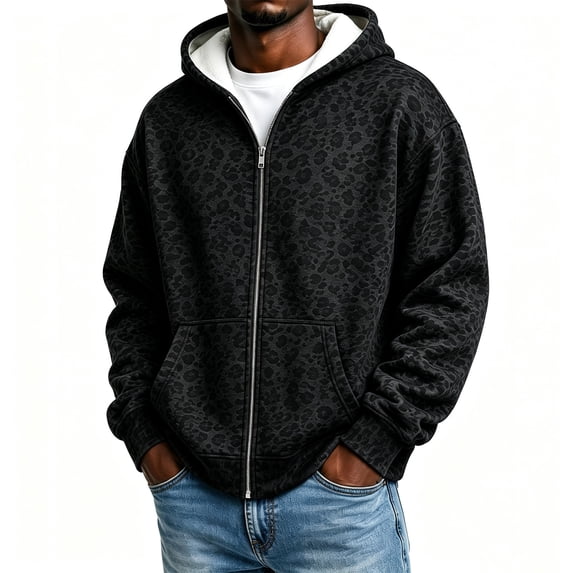 EliteGoogv Men’s Heavyweight Zip Up Hoodie Leopard Print Hoodies For MenJacket Regular Fit Cotton Blend Hooded Sweatshirt