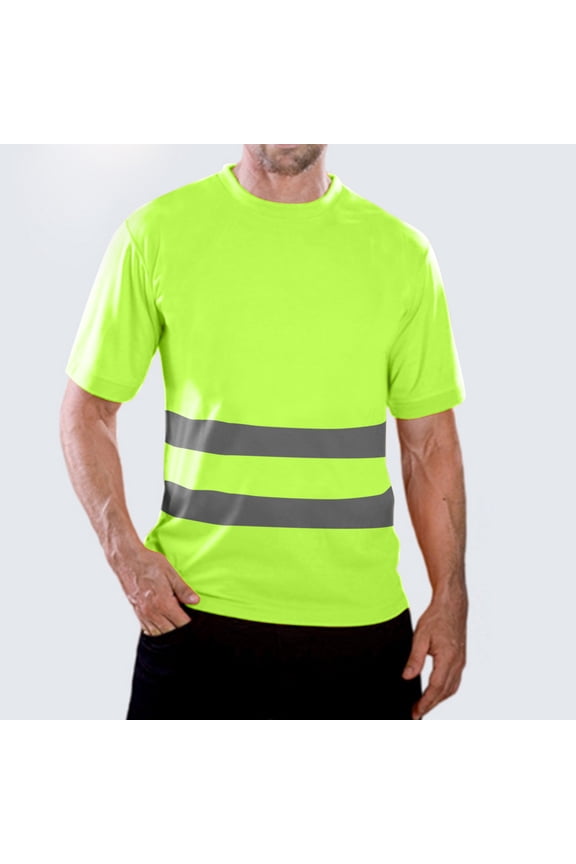 Men's Hi Vis Reflective T-Shirt Breathable Moisture Wicking Safety Short Sleeve Crew Neck Top for Construction Summer Work Uniform Workwear,Green,L