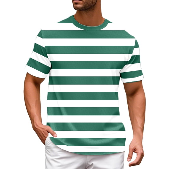 EliteGoogv Men's Stripe Print T-shirts Crewneck Short Sleeve Tee Tops Soft Smooth Classic Fit Outfit Fall Summer Outdoor Casual Outfit,Green,L4
