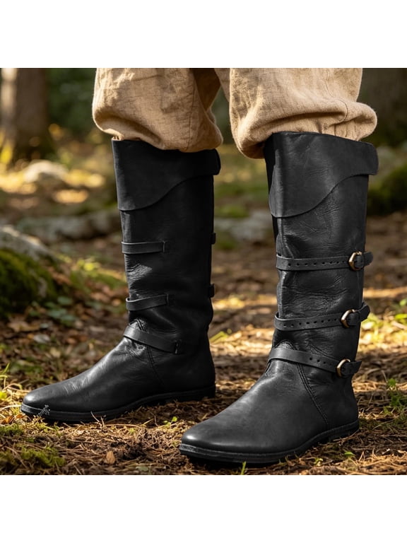 Mens Fashion Mid Calf Boots Round Toe Lace Up Flat Shoes For Men Casual Daily Footwear Black US:7