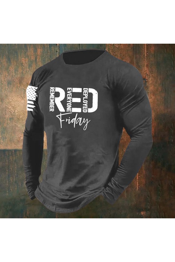 Mens Long Sleeve T Shirt RED Friday Graphic Tops Crew Neck Veteran Commemorative Tees For Daily Wear Patriotic Style And Casual Outfits,Grey,S