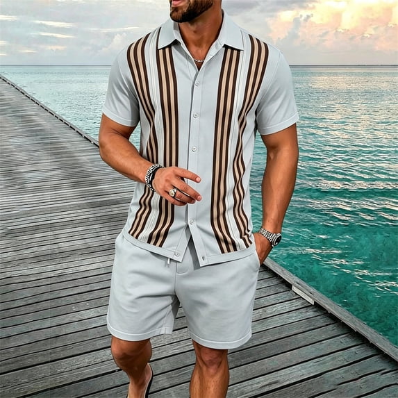 EliteGoogv Mens Outfit Set Casual Button Down Shirt And Shorts Two Piece Suit For Men Summer Beach Vacation Matching Set Light Gray M