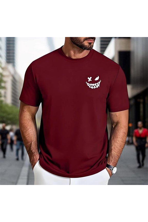 Mens Short Sleeve Crew Neck T Shirt Small Pocket Stitched Evil Smiley Face Graphic Casual Edgy Streetwear Daily Wear Top,Wine,L
