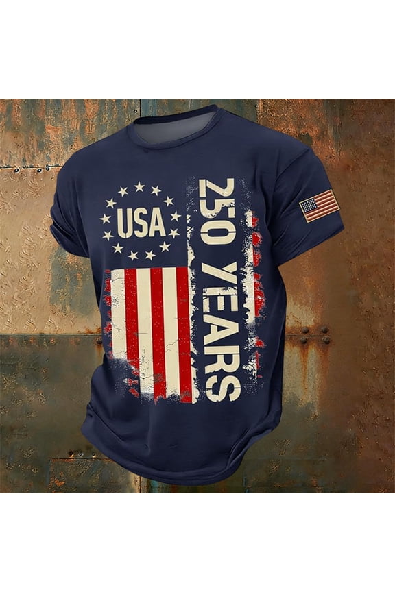 Mens Short Sleeve Crew Neck T Shirt Vertical 250 Years USA Flag Patch Graphic Casual Patriotic American Heritage Wear Top,Navy,3XL