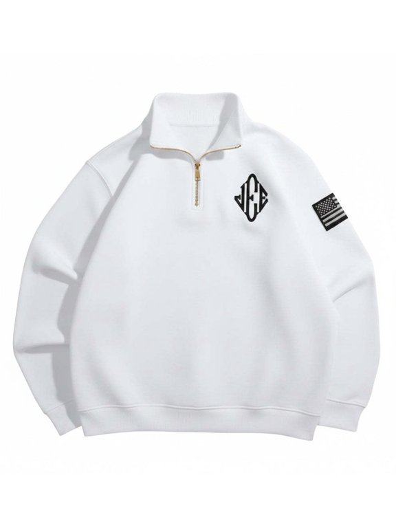Mens Sweatshirts Heavyweight Half Zip Stand Collar Embroidered Loose Fit Long Sleeve Sweatshirt For Men Casual Daily Wear Pullover Tops White M