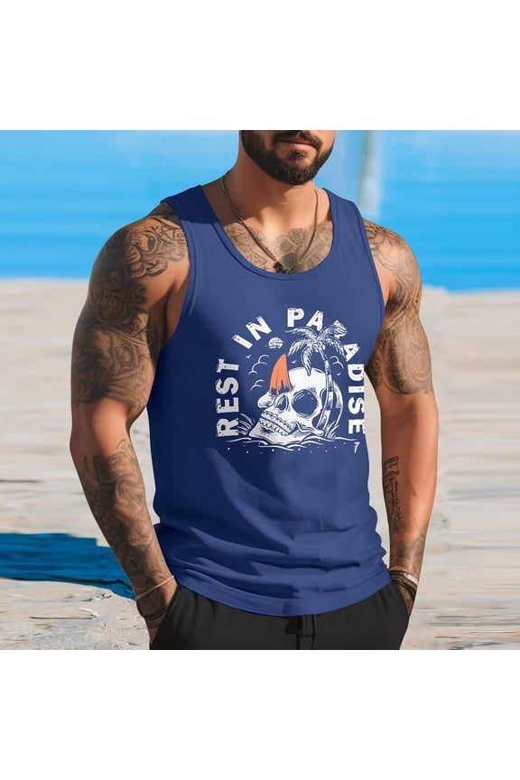 Mens Tank Top 3D Digital Print Coconut Tree Graphic Sleeveless Vest For Men Summer Beach Holiday Casual Top Blue XL