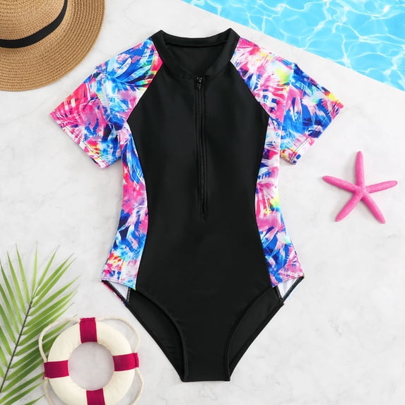 EliteGoogv One Piece Swimsuit For Girls Floral Print Front Zipper Short Sleeve Bathing Suit Summer Beach Pool Vacation Swimwear Black