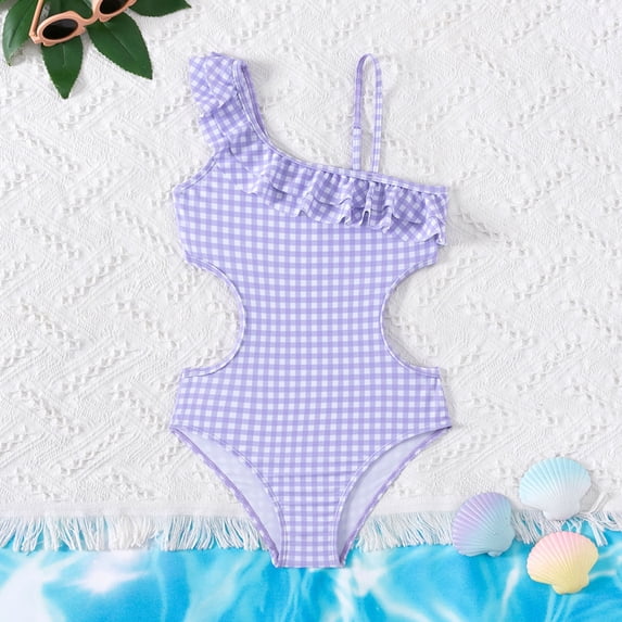 EliteGoogv One Piece Swimsuit For Girls One Shoulder Ruffle Plaid Bathing Suit Summer Beachwear Purple