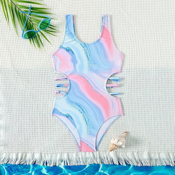 EliteGoogv One Piece Swimsuit For Girls Tie Dye Cut Out Sport Bathing Suit Summer Beach Pool Vacation Swimwear Blue