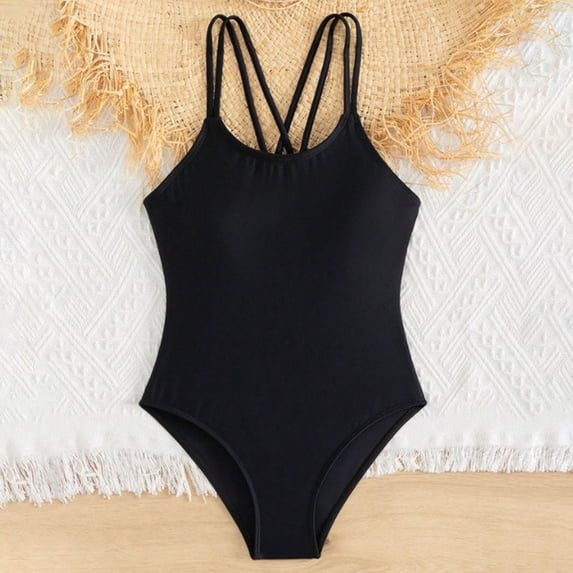 EliteGoogv One Piece Swimsuits For Girls Double Straps Crisscross Back Solid Color Summer Beach Pool Vacation Bathing Suits Girls Swimwear Black