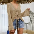 thumbnail image 1 of EliteGoogv One Piece Women Beach Cover Up V Neck Crochet Knit Long Sleeve Drawstring Tie Front Sheer Lightweight Sweater Top For Swimwear,Khaki,XL, 1 of 5