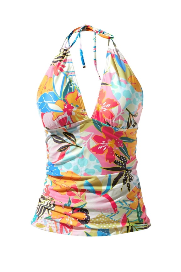One Piece Women Tankini Top Halter Neck Tropical Floral Print Ruched Modest Swimwear Top Separates For Beach Vacation,Mint Green,L