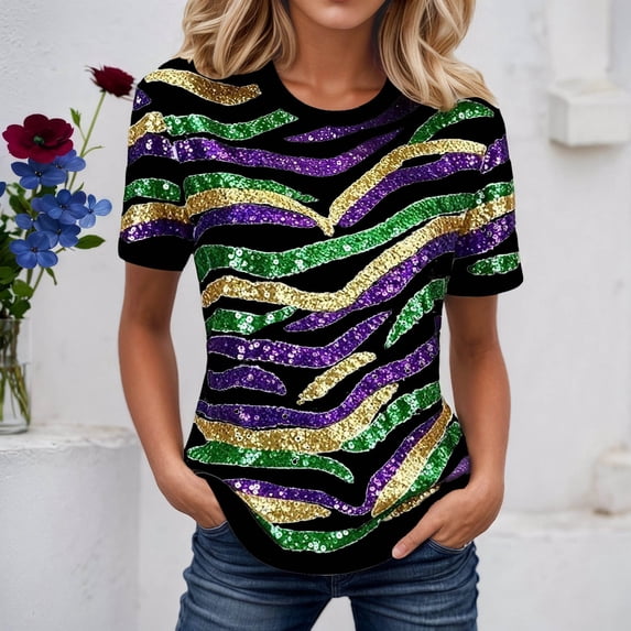 EliteGoogv Short Sleeve Stripe Print T-shirt for Women Loose Fit Casual ...