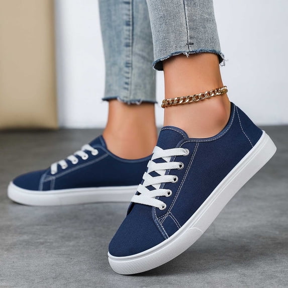 EliteGoogv Sneakers For Women Lace Up Canvas Round Toe Sneakers For Women Breathable Cushion Flat Summer Walking Sneakers Vacation Casual Flats Blue