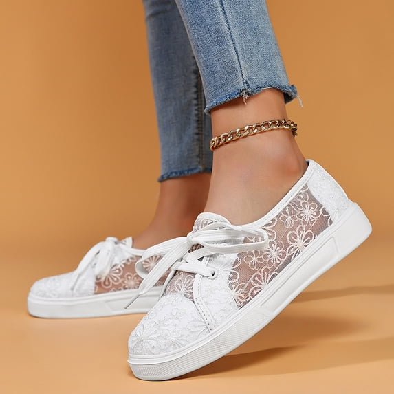 EliteGoogv Sneakers For Women Lace Up Round Toe Breathable Mesh Womens Sneakers Cushion Platform Thick Sole Walking Shoes Summer Casual Platform Sneakers White
