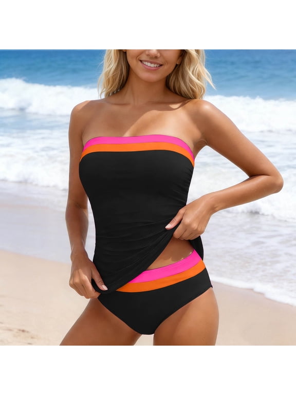 Strapless Tankini Swimsuit For Women Shirred Bandeau Top Two Piece Bathing Suit Summer Beach Pool Vacation Swimwear Black2