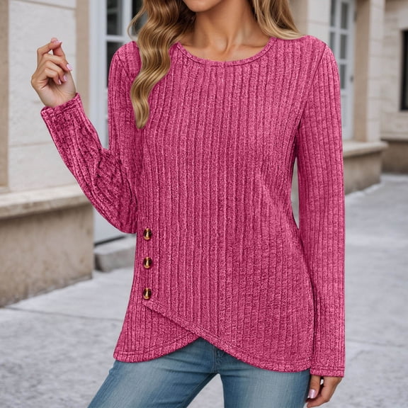 EliteGoogv T Shirts for Women Fall Winter Slim Fit Long Sleeve T Shirt Ribbed Stretchy Basic Top Comfortable Round Neck Casual Tunic Shirt For Daily Wear Fashion Womens Tee tops Hot Pink XXL