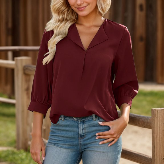 EliteGoogv T Shirts for Women Flowy Blouse With Three Quarter Sleeves Semi Open Placket Neckline Chiffon For Casual Wear Comfortable Elegant Ladies Shirt Soft Womens Tee tops Red L