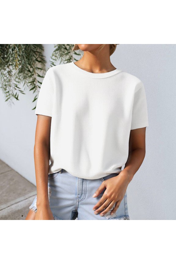 T Shirts for Women Knit Short Sleeve Crewneck T Shirt Top Casual Yarn Textured Tee Shirt For Everyday Comfortable Wear Cozy Womens Tee tops White S