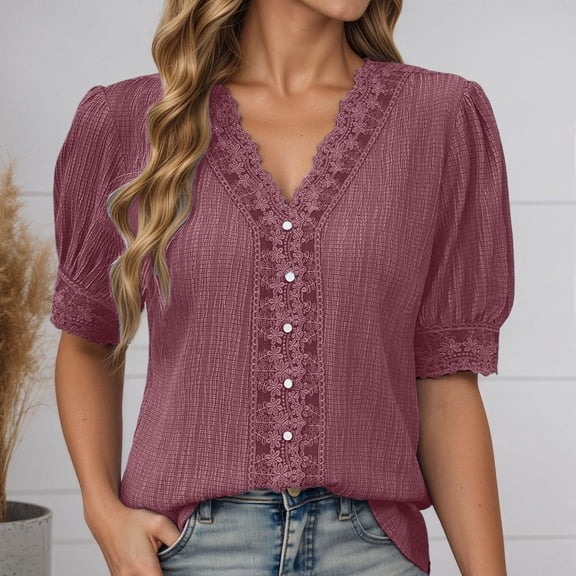 EliteGoogv T Shirts for Women Lace Trim V Neck Puff Sleeve Button Down Blouses Dressy Summer Tees Shirts For Work Casual Cozy Womens Tee tops Wine L
