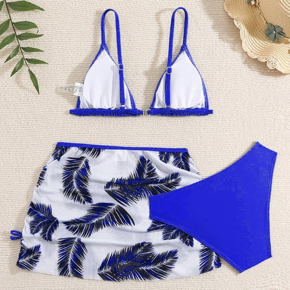 EliteGoogv Three Piece Swimsuit Set For Girls Tropical Print Halter Triangle Top With Matching Bottom And Sarong Modest Tween Teen Beach Swimwear,Blue,160