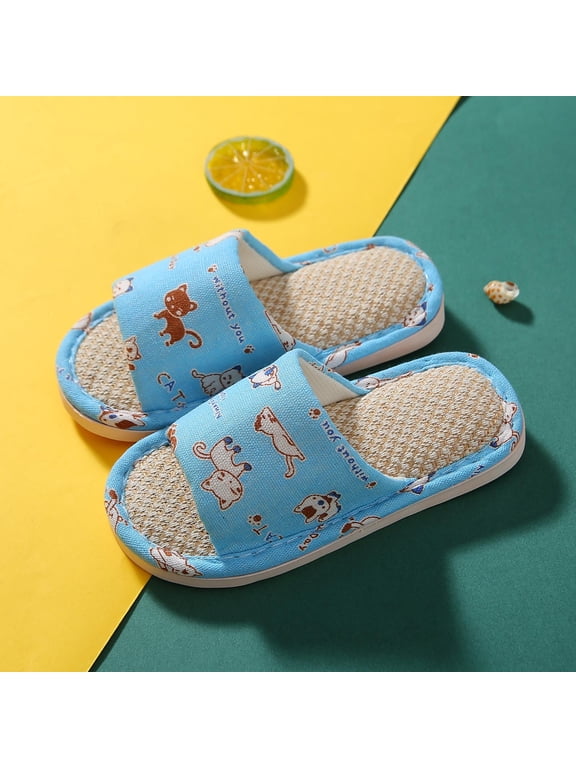 Toddler Slippers Open Toe Cotton Linen Indoor House Shoes For Toddler Non Soft Sole Casual Home Sandals Breathable Footwear US:4/34-35