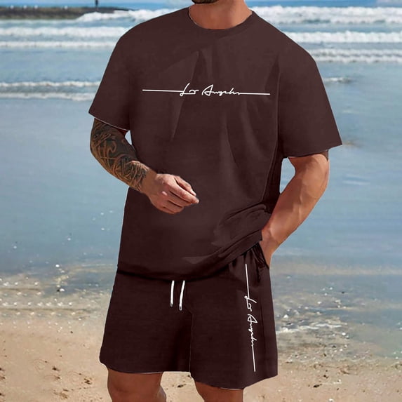 EliteGoogv Two Piece Sets For Men Short Sleeve Crew Neck Letter Print T Shirt Drawstring Shorts Side Pockets Summer Vacation Clothing Mens Shorts Sets Brown