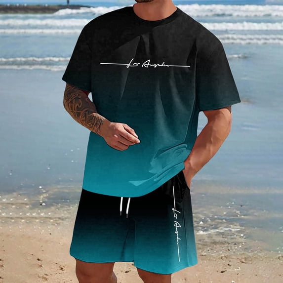 EliteGoogv Two Piece Sets For Men Short Sleeve Crew Neck Letter Print T ...
