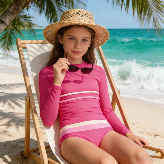 EliteGoogv Two Piece Swimsuit For Girls Long Sleeve Rash Guard Color Stripe Top With Bikini Bottoms Summer Beach Pool Swimwear Hot Pink