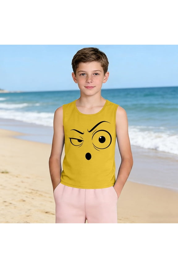 Unisex Boys Girls Kids Funny Smile Face Tank Top Crew Neck Sleeveless Vest Humorous Comfortable Lightweight Blouse Dailywear Summer Fall Tops Yellow 7-8 Years