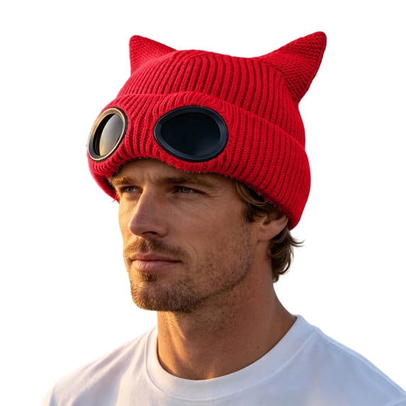 EliteGoogv Unisex Knit Beanie Lined Cat Ear Hat with Goggle Accent Warm Skull Cap