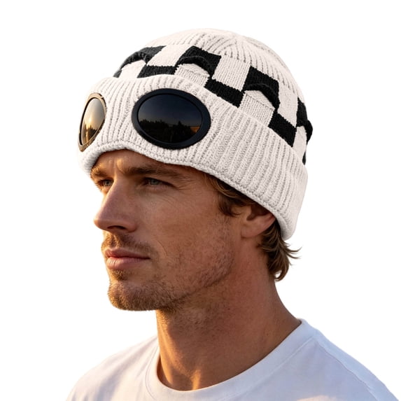 EliteGoogv Unisex Knit Beanie Lined Plaid Goggle Detail Skull Cap Winter Hat
