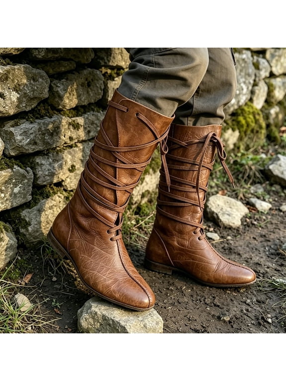 Unisex Mid Calf Boots Classic Lace Up Round Toe Ankle Booties For Men Women Casual Everyday Footwear Brown US:8.5