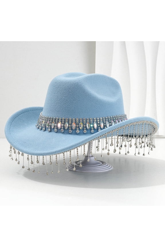 Unisex Western Cowboy Hat Rhinestone Fringe Gem Decor Sun Hat For Men Women Party Event Fashion Fedora Cap Headwear