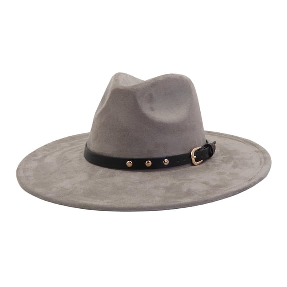 EliteGoogv Unisex Wide Brim Fedora Hat Classic Felt Panama Hat Flat Brim Jazz Hat with Belt Buckle Adjustable Suede Dress Hat for Women Men