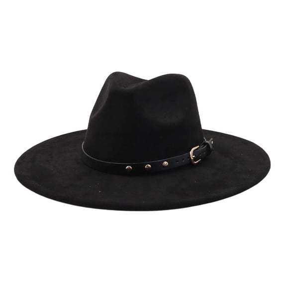 EliteGoogv Unisex Wide Brim Fedora Hat Classic Felt Panama Hat Flat Brim Jazz Hat with Belt Buckle Adjustable Suede Dress Hat for Women Men