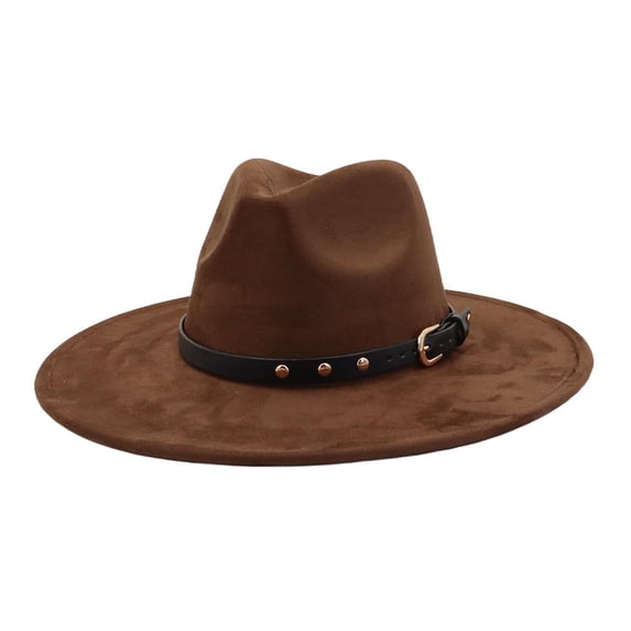 EliteGoogv Unisex Wide Brim Fedora Hat Classic Felt Panama Hat Flat Brim Jazz Hat with Belt Buckle Adjustable Suede Dress Hat for Women Men