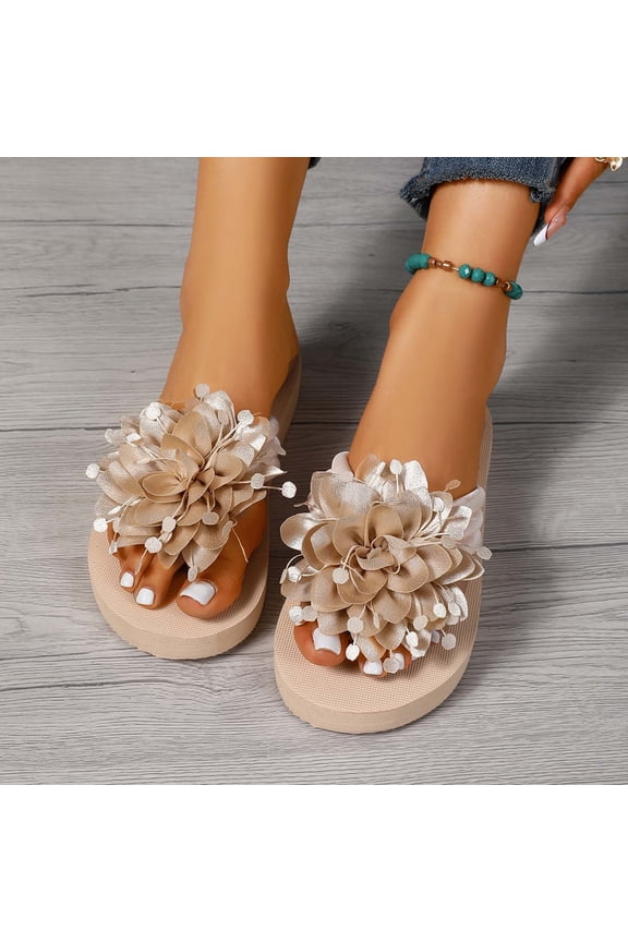 Women 3D Flower Flip Flops Sandals Thong Style Flat Slippers Elegant Floral Decor Beach Casual Shoes Lightweight Anti Slides For Summer Vacation,Beige,USï¼ 6